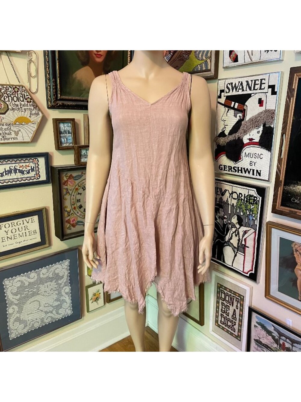 Made In Italy Pink Sleeveless Handkerchief Hem Linen Dress S Lightweight Casual